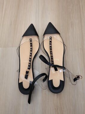 Black Pointed Clear-Strap Women's Flats